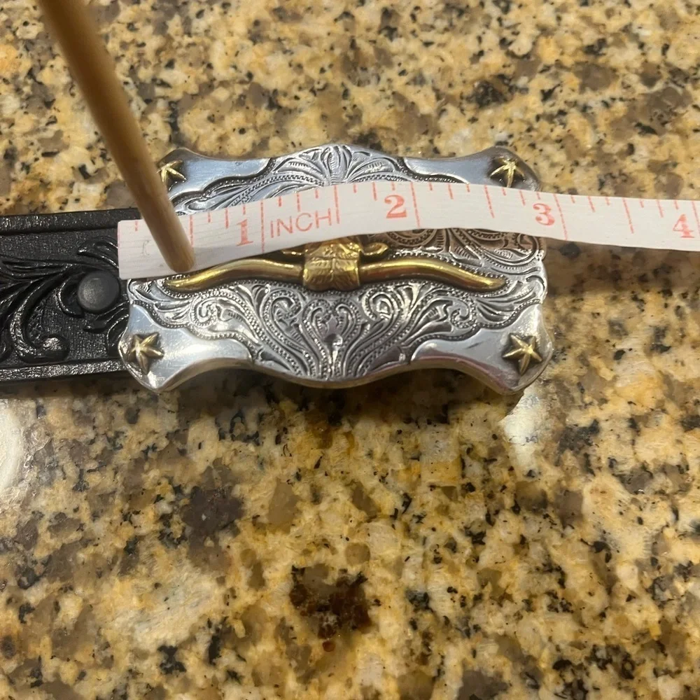 Tony Llama Vintage Children’s Black Tooled Western Belt Silvertone Steer Buckle